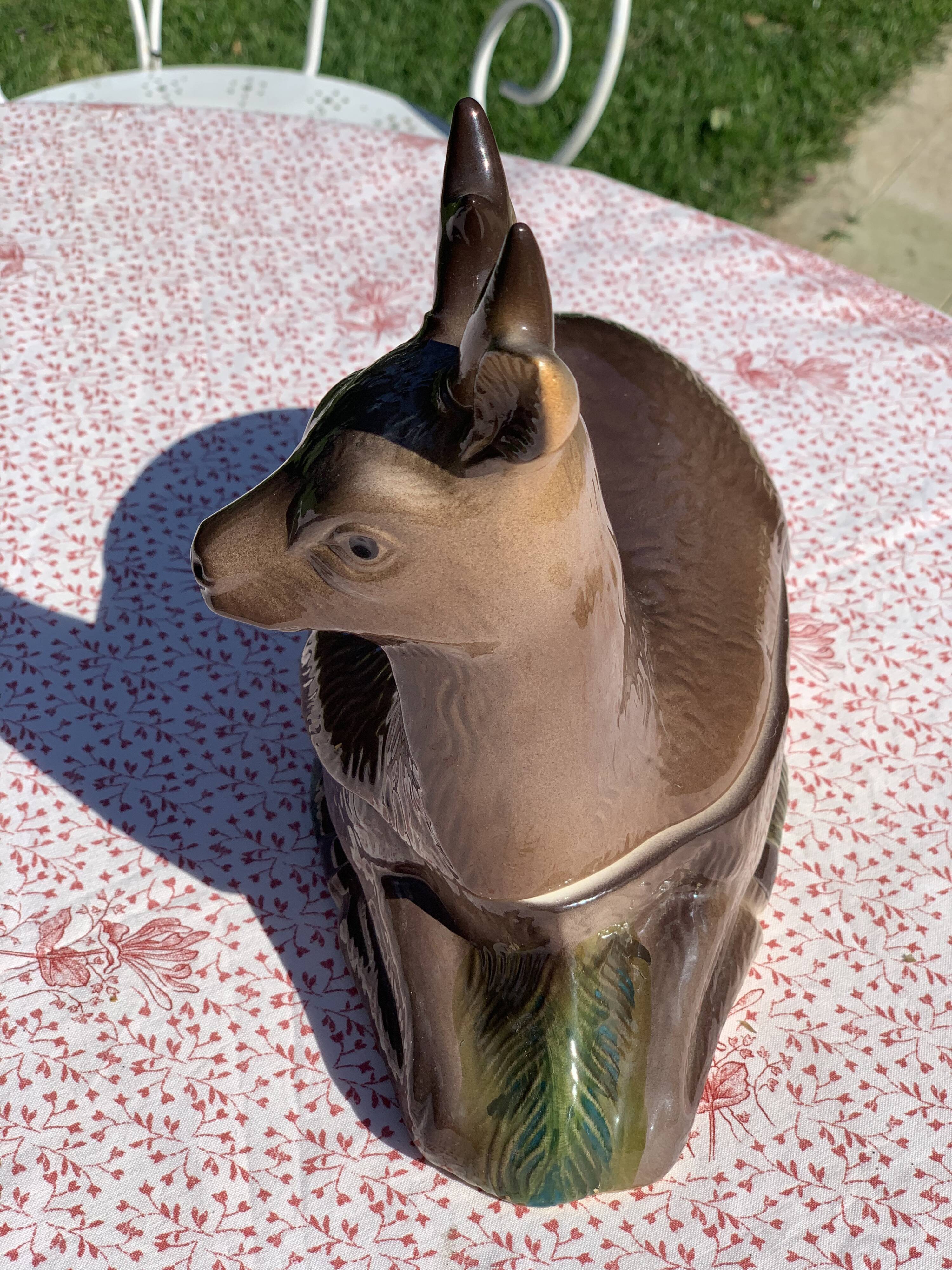 Ancient zoomorphic terrine in the shape of a deer, enamelled earthenware, Caugant