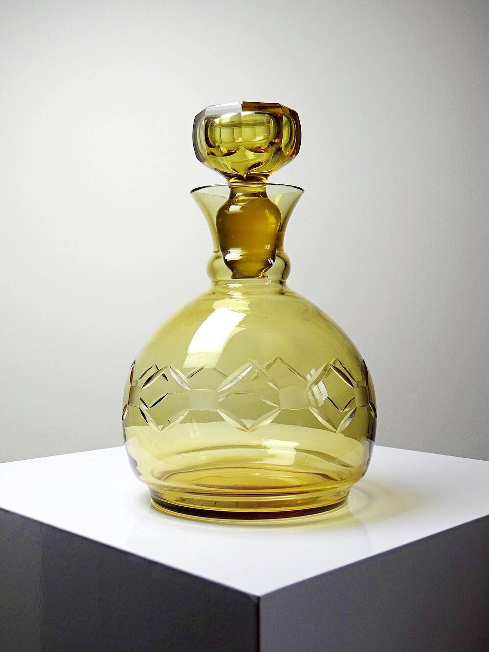Vintage/antique Czech Amber Chiseled Blown Glass Decanter