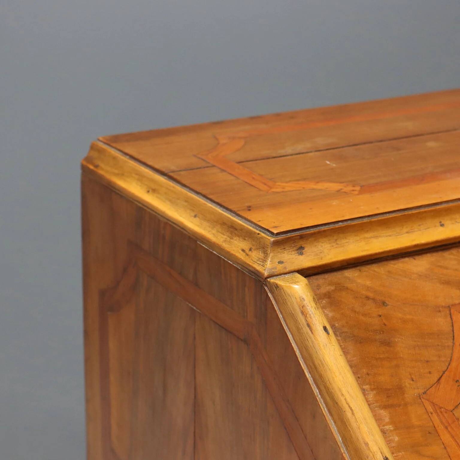 Antique cherry wood cabinet with drop-down front, 3 drawers, Italy, 20th century.