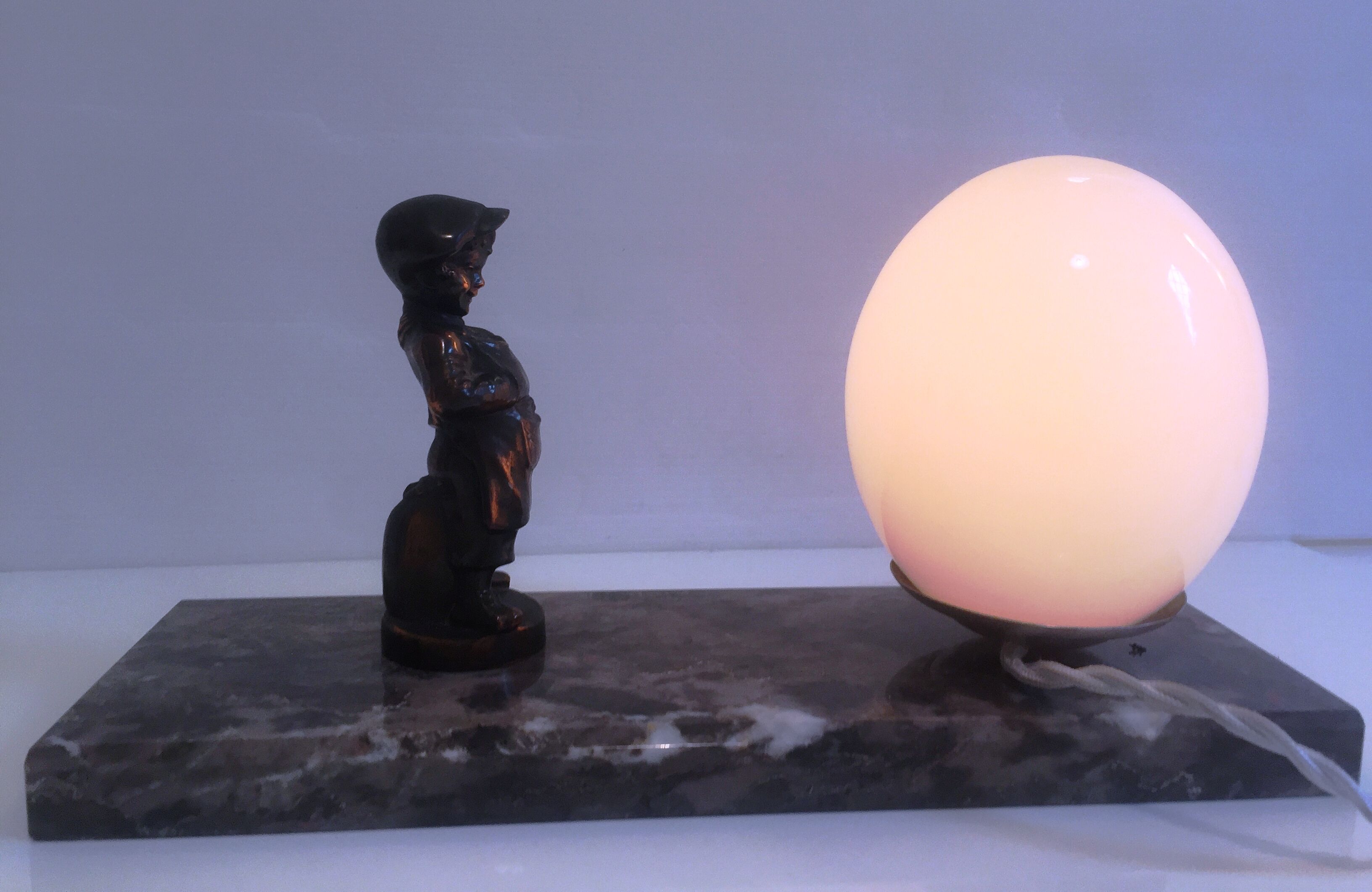 Art Deco bedside lamp night light with marble base and child at work statuette