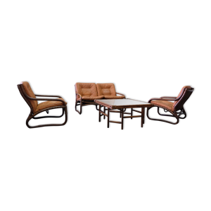 Ensemble rotin & cuir, - 1970