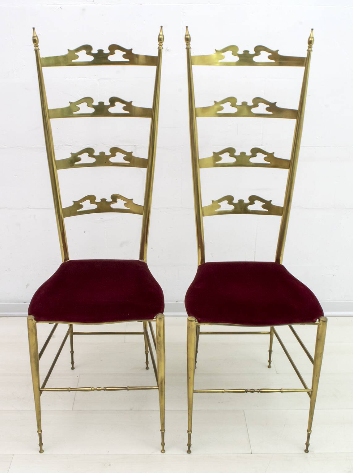 Pair of Mid-Century Modern Italian Brass High Back Chiavari Chairs, 1950s