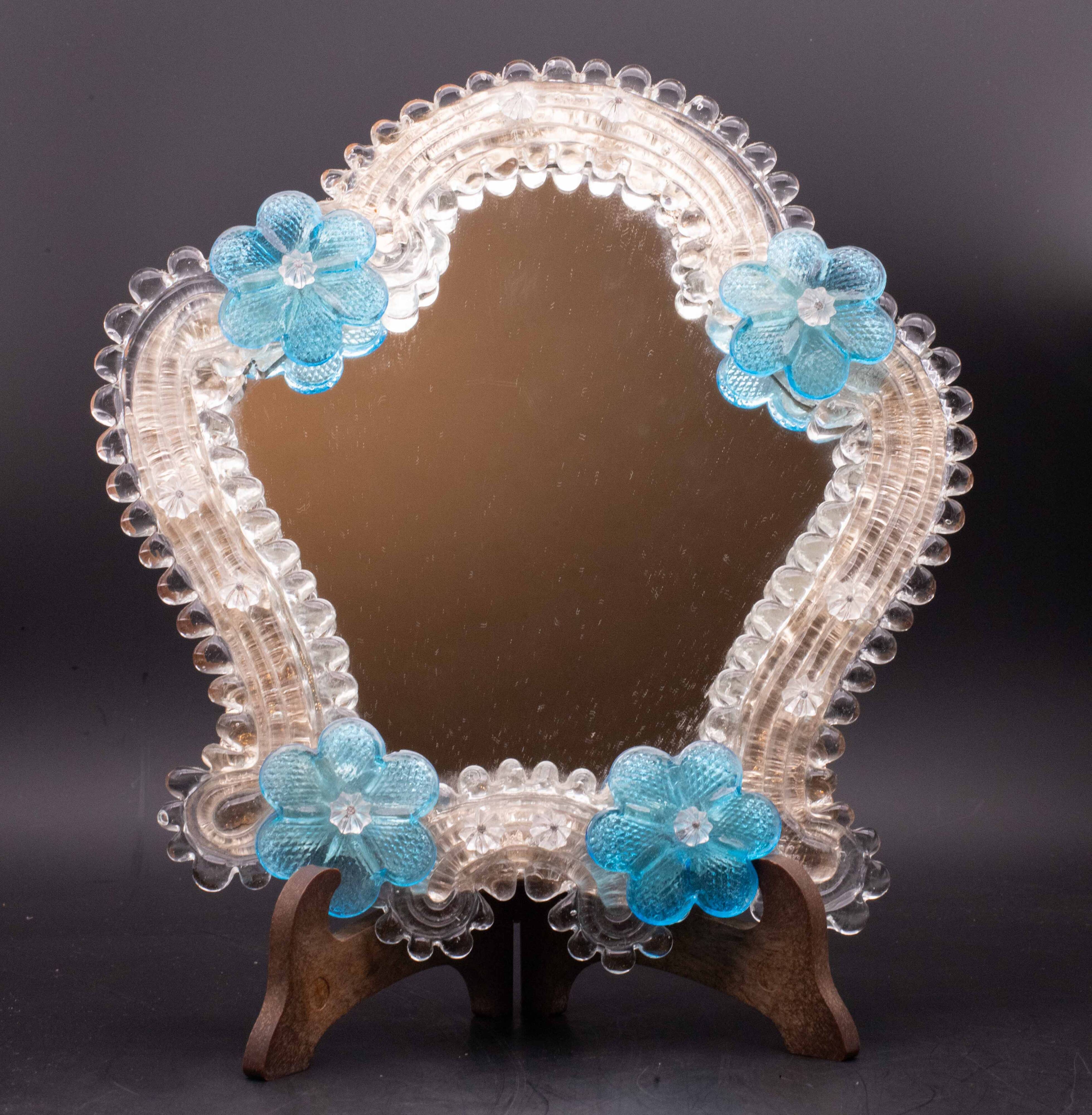 Classic Vintage Venetian Murano Bue Flower Glass Mirror, 1970s