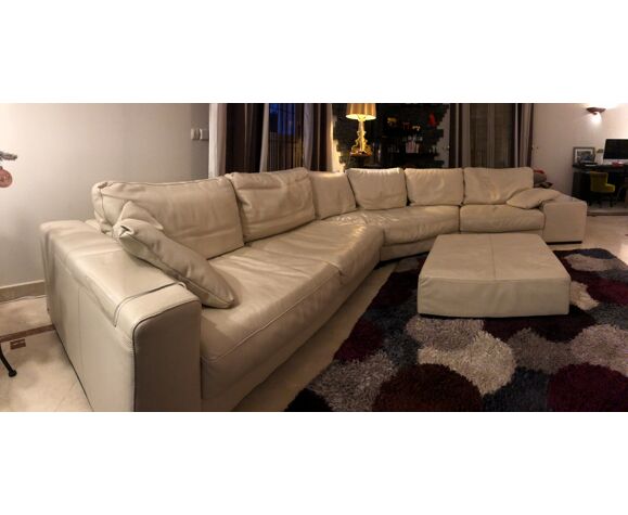 Natuzzi beige leather corner sofa - pouf | Selency