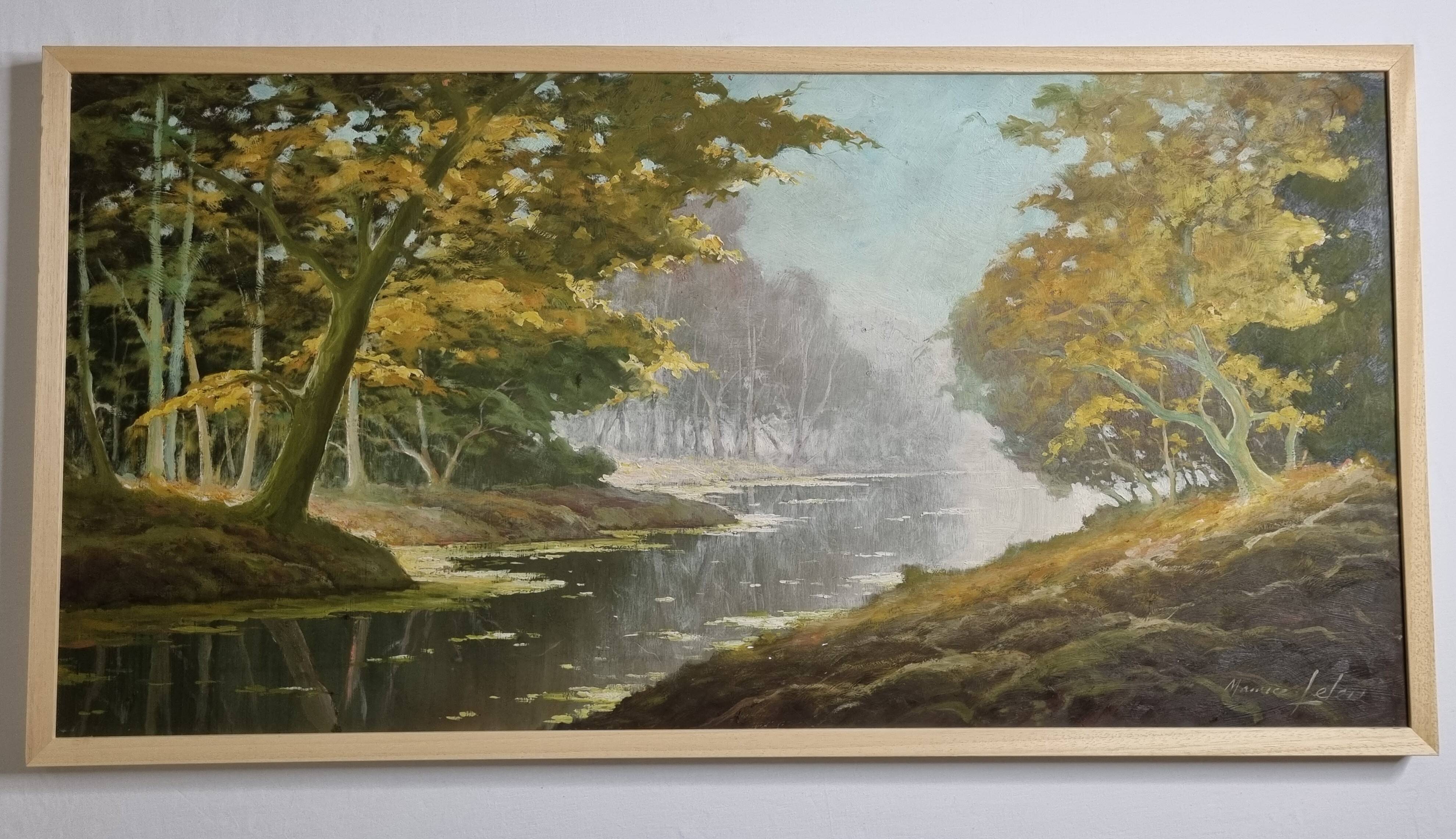 Oil on panel signed by Maurice Leuleu Autumn landscape 104x54 cm framed