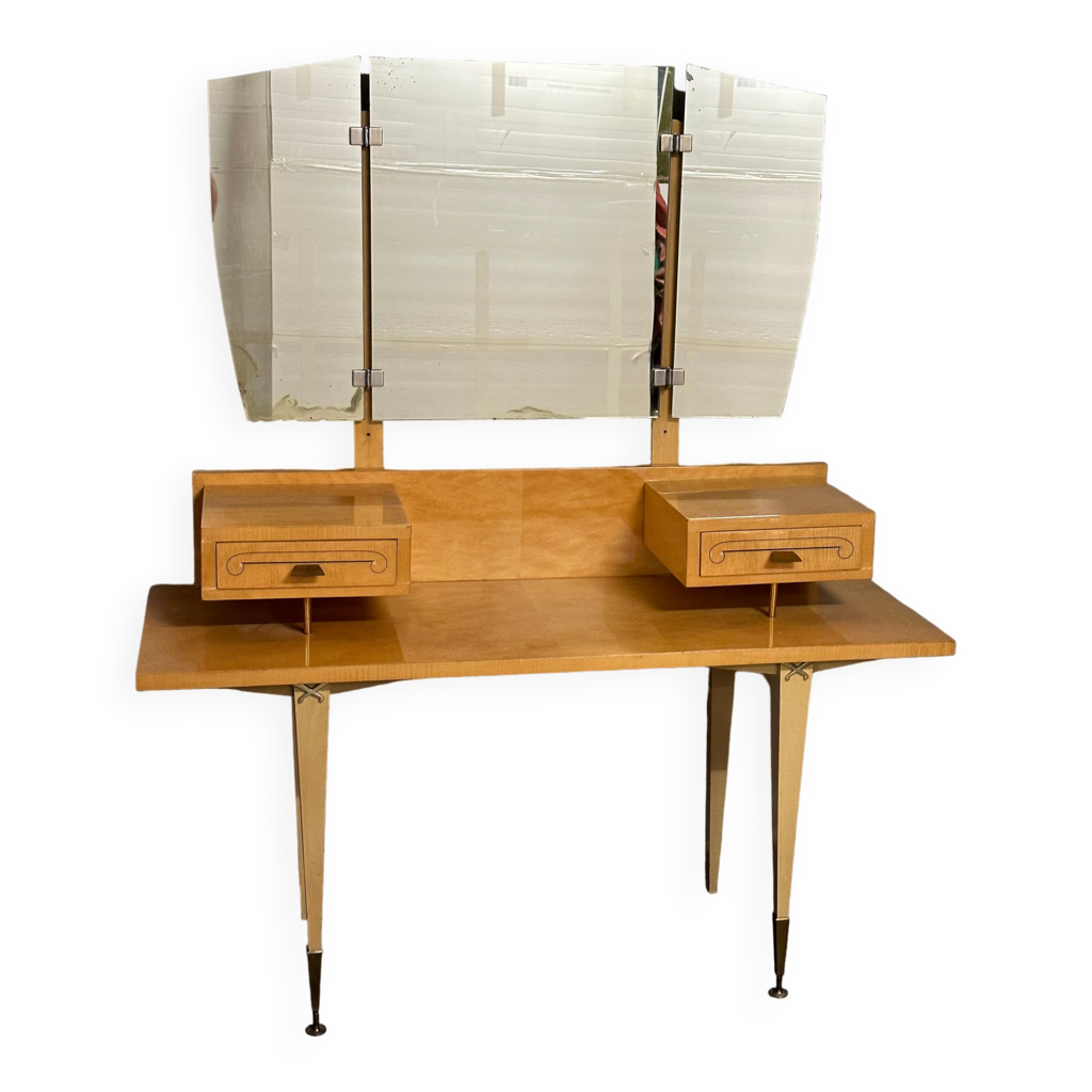 Coiffeuse Vintage Années 50/60 – Jaune, 2 Tiroirs, Avec Miroir – état Très Bon
