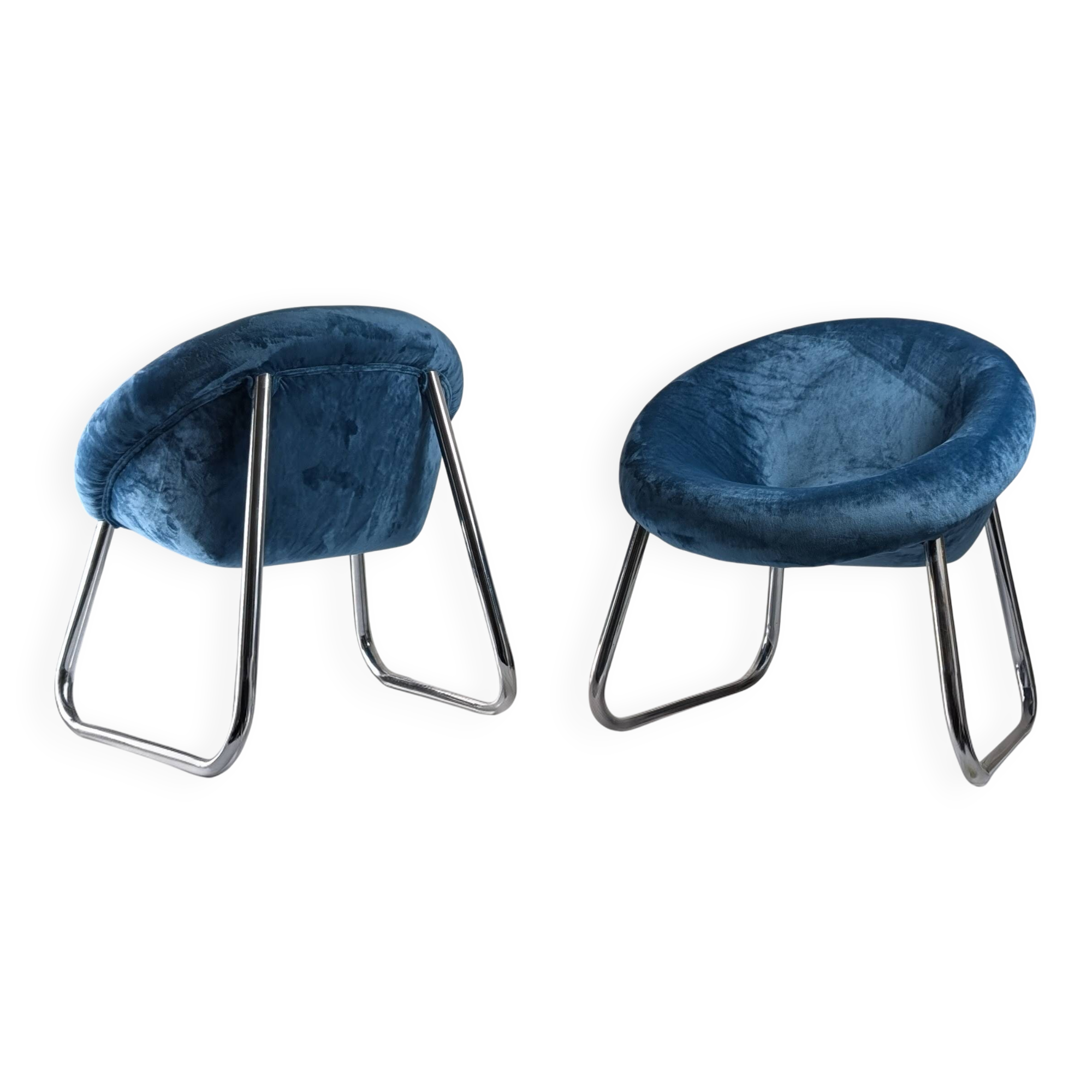 Pair of Italian Chrome and Blue Velvet Armchairs, 1970s