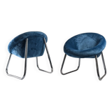 Pair of Italian Chrome and Blue Velvet Armchairs, 1970s