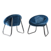 Pair of Italian Chrome and Blue Velvet Armchairs, 1970s