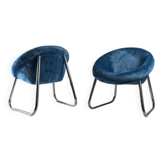 Paire de fauteuils italiens en chrome et velours bleu, années 1970