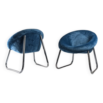 Pair of Italian Chrome and Blue Velvet Armchairs, 1970s