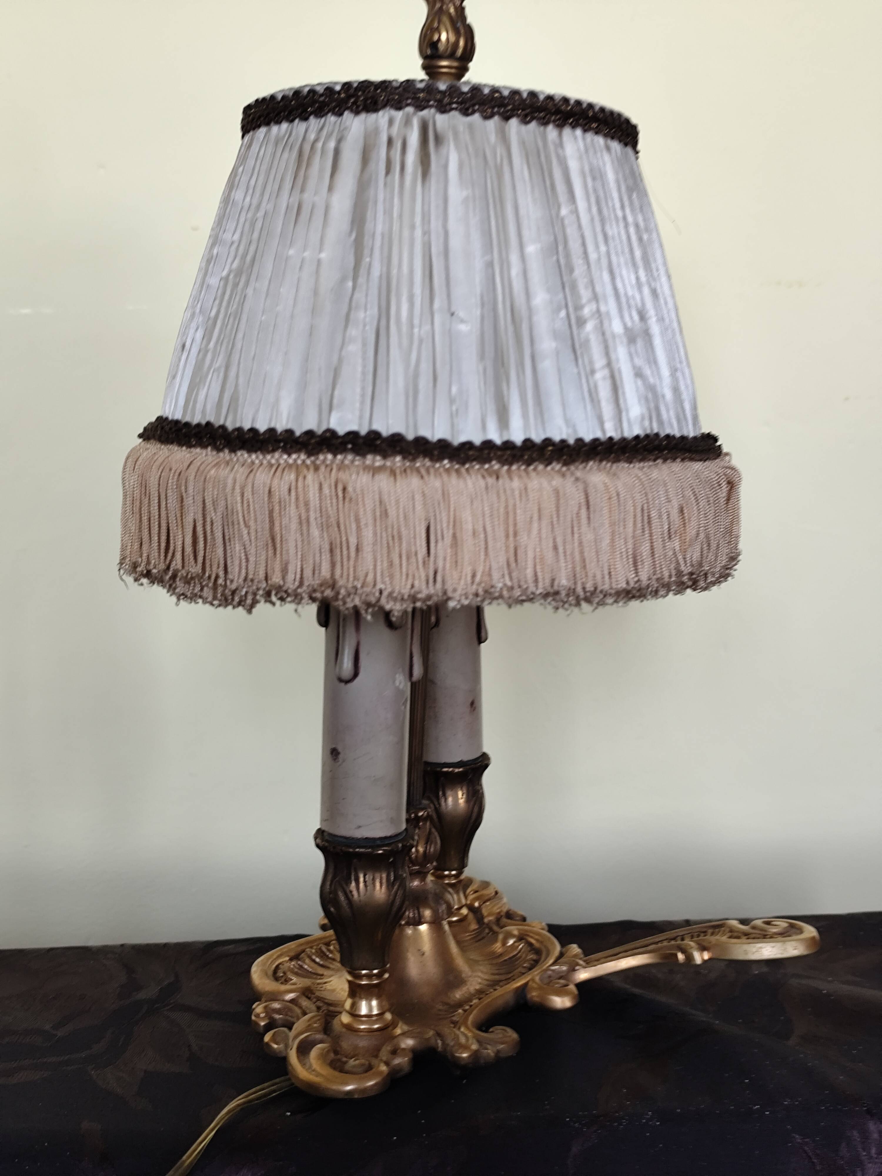 bronze bouillotte lamp with 2 lights and fabric shade
