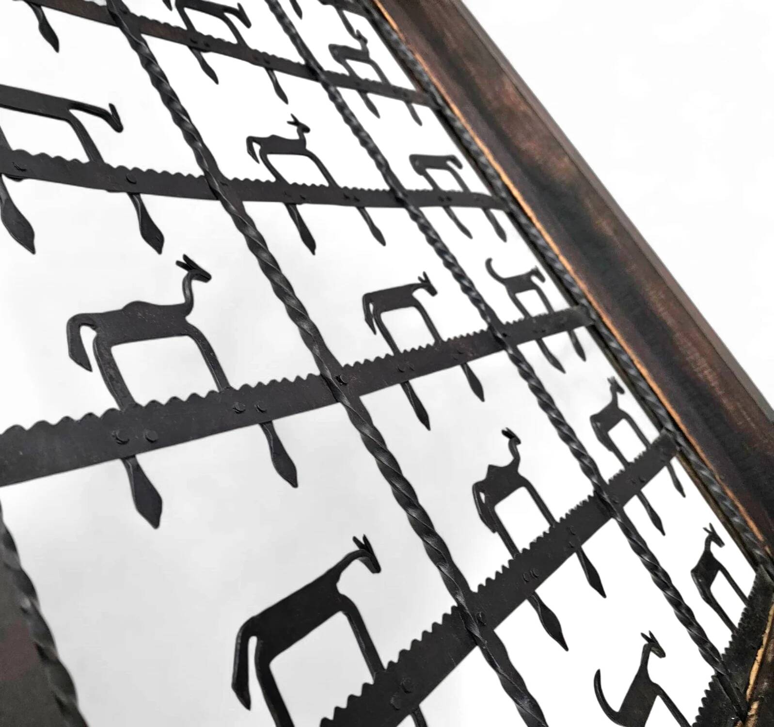 French brutalist coffee table, forged wrought iron, shepherd with dog and his herd, 1970s, transparent glass top