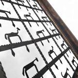 French brutalist coffee table, forged wrought iron, shepherd with dog and his herd, 1970s, transparent glass top