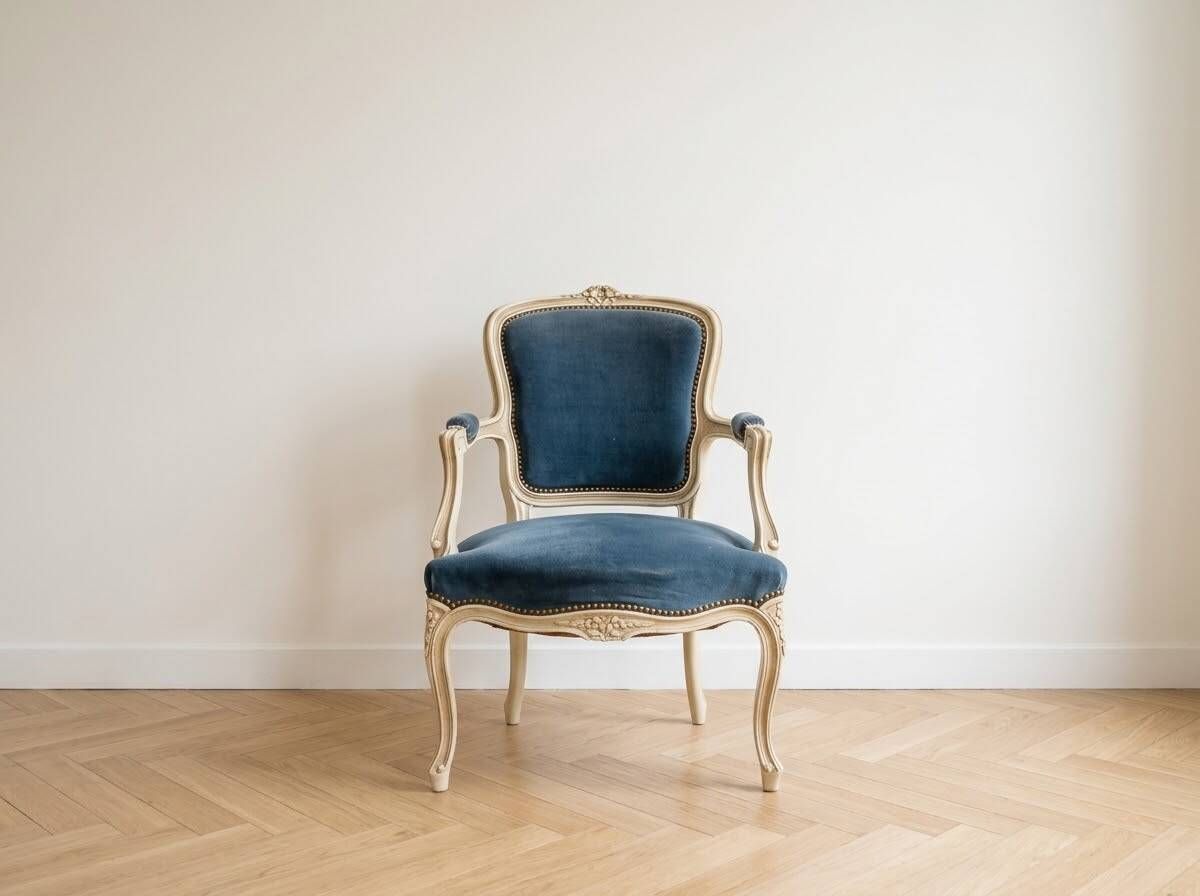 Louis XV cabriolet armchair in blue velvet and patinated wood