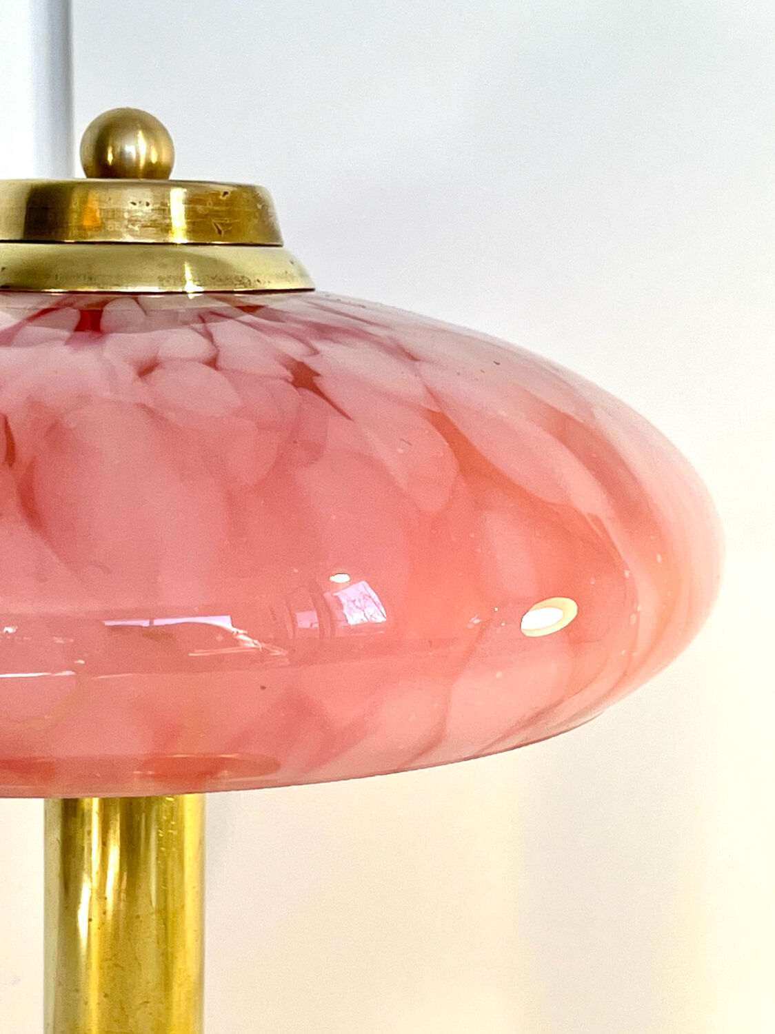 Pair of Art Deco mushroom table lamps, pink Clichy glass