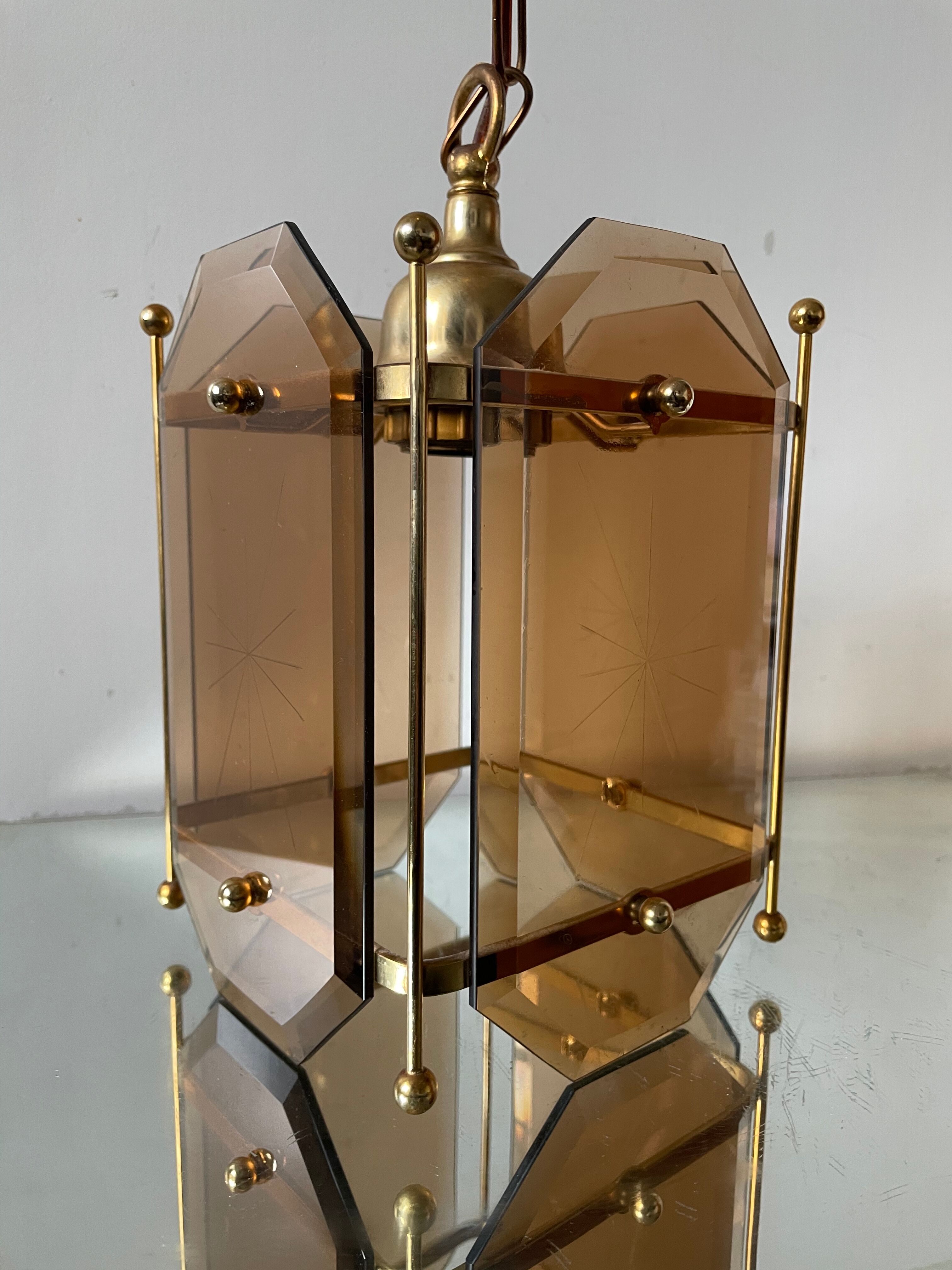 Scandinavian vintage lamp in brass & amber colored glass