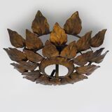 Sun ceiling light, foliage ceiling light in gold metal, vintage ceiling light. 70s