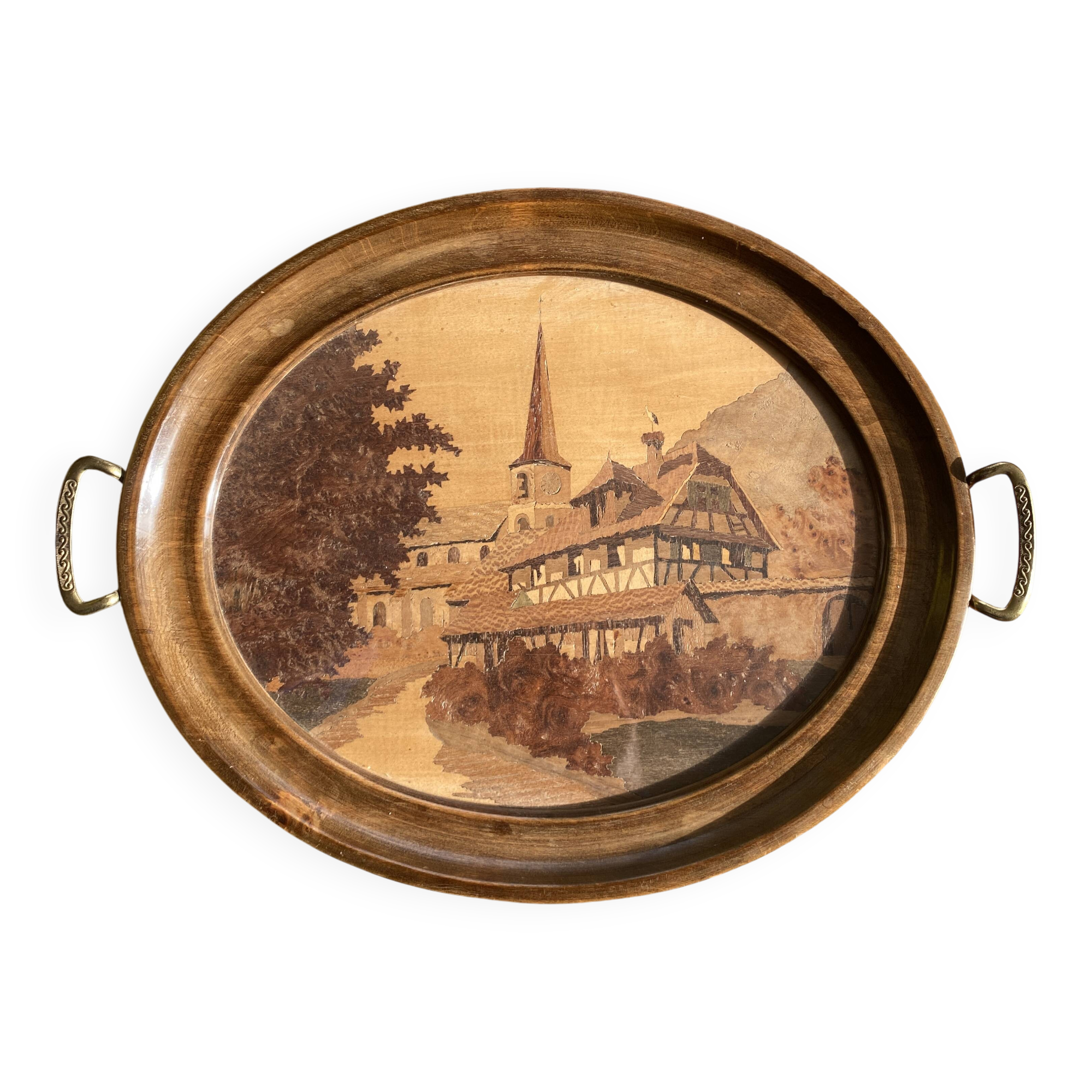 Service tray in marquetry