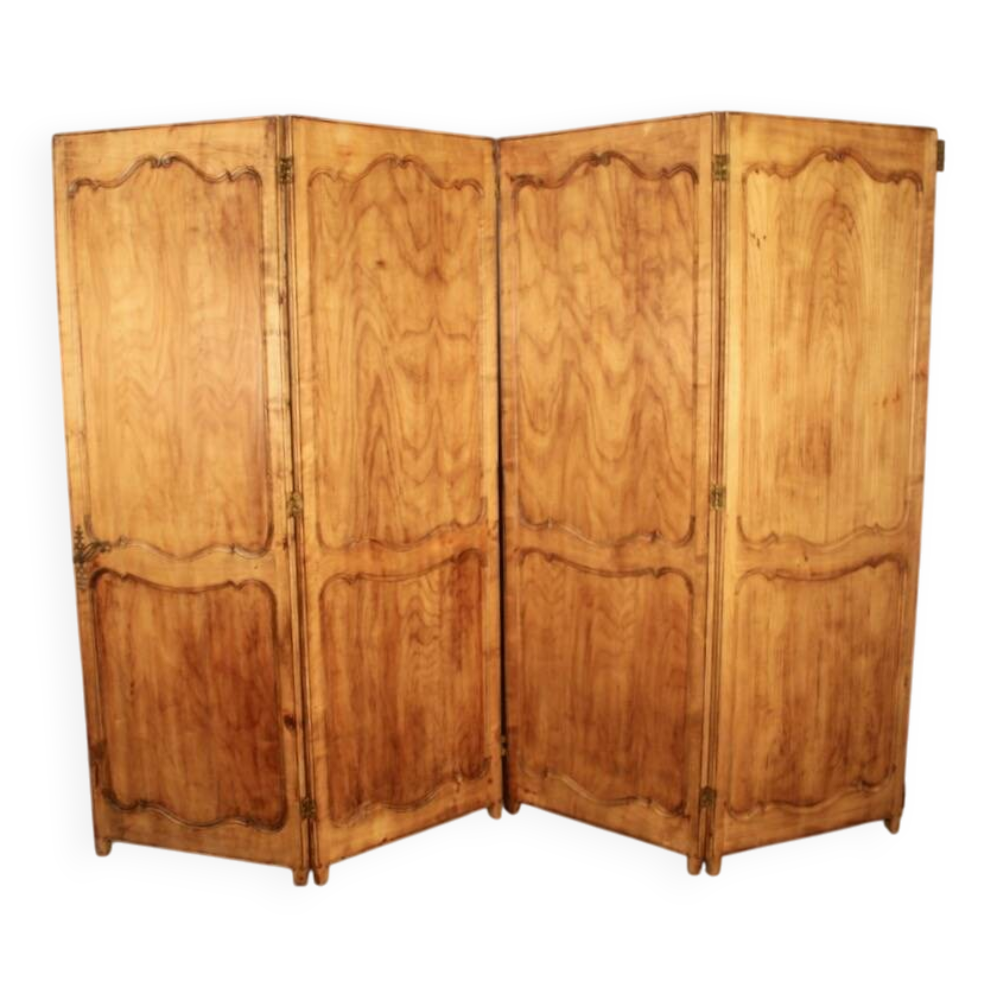 Large cherry wood folding screen with four double-sided panels.