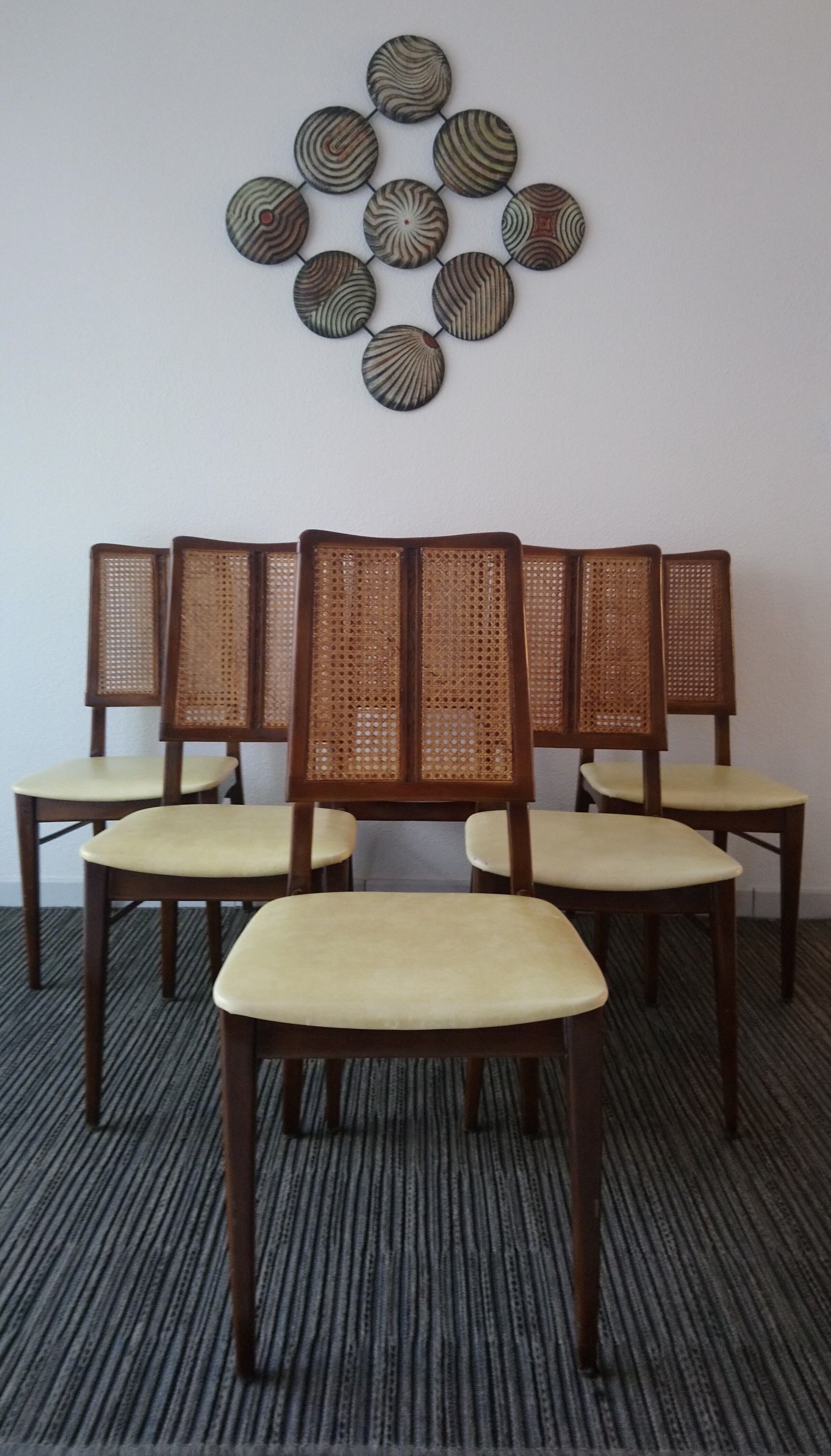 Suite of 6 vintage skai chairs and 60s canned backrest