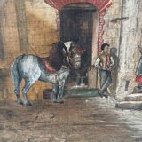 Oil on panel, "Farmyard with Horse"