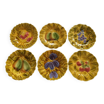 6 Assiettes A Dessert En Barbotine Divers Fruits Sarreguemines France Lot N°2