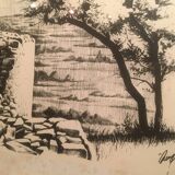 Illustration/signed paper print, framed, 60s/70s