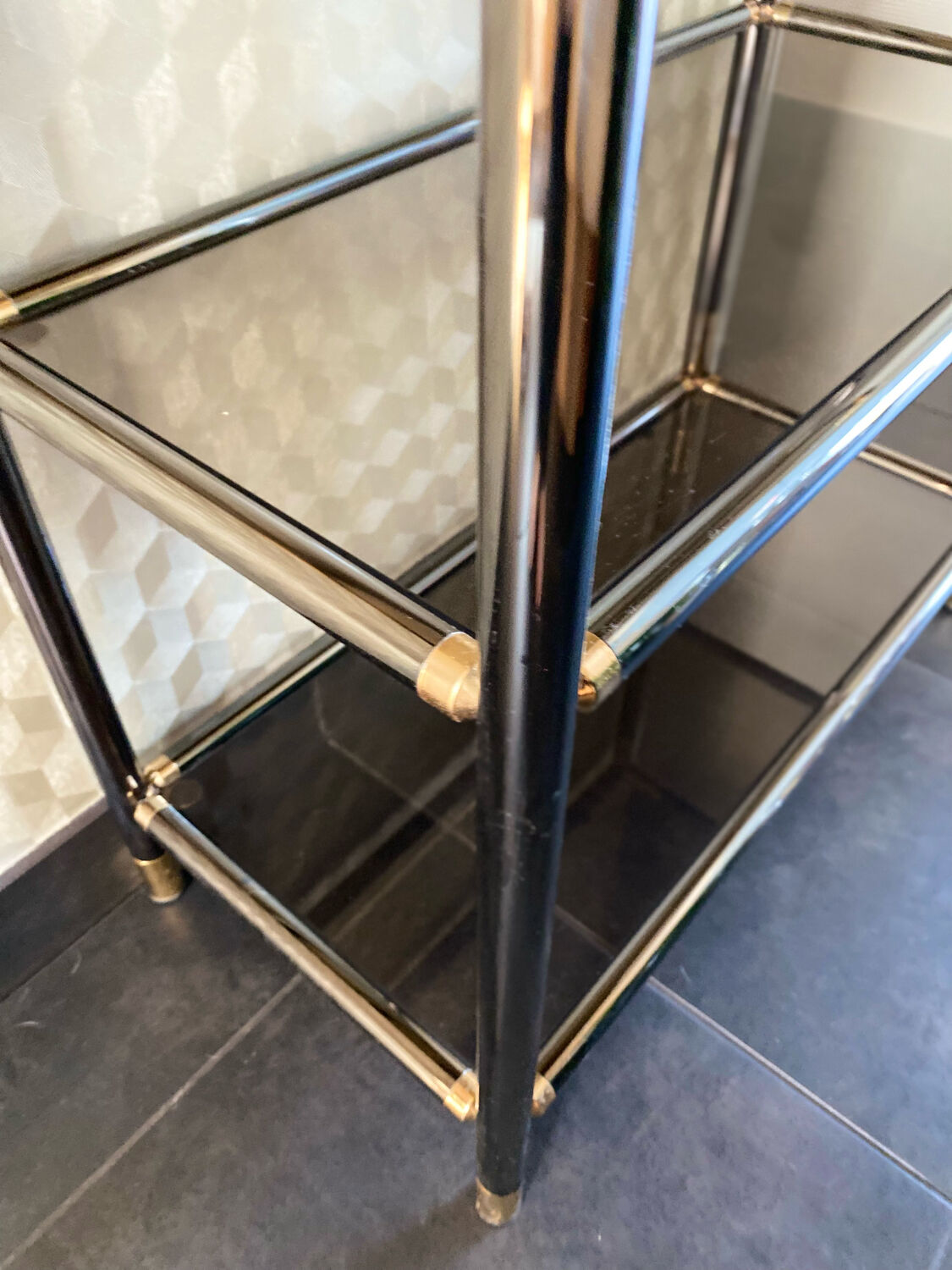 Console shelf smoked glass aluminum and brass