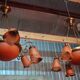 Pair of Art Nouveau style chandeliers in bronze and orange glass paste.