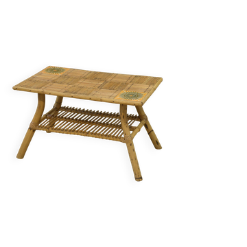 Table basse en rotin et céramique attribuée à Audoux Minet 1950’s