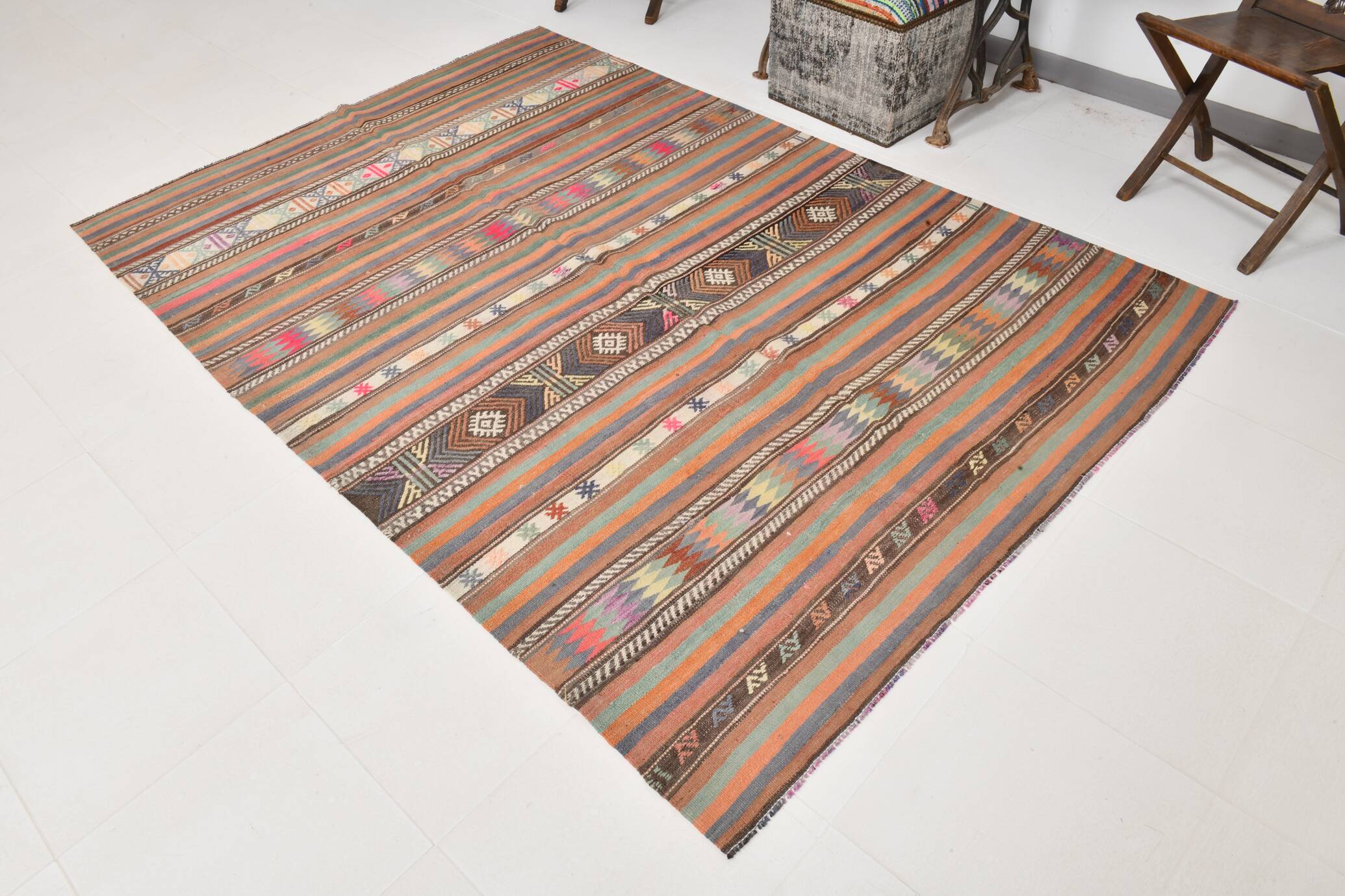 5x8 Orange Blue Striped Turkish Vintage Kilim Rug 170x245Cm