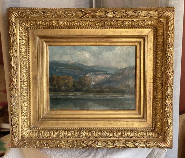 Tableau de J.Girard-Condamin, école lyonnaise, ''Les berges du Rhône et les montagnes du Bugey