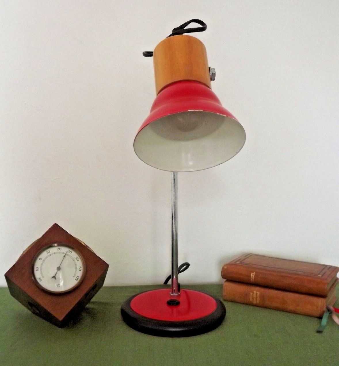 Adjustable vintage French desk lamp in red, black, silver & wood effect 3631