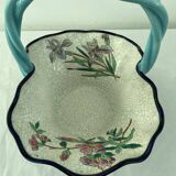 Large earthenware basket, Longwy enamels, turquoise blue cloisonné, twisted handle, stamp