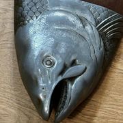 Vintage wooden and metal fish platter – salmon/trout serving tray –