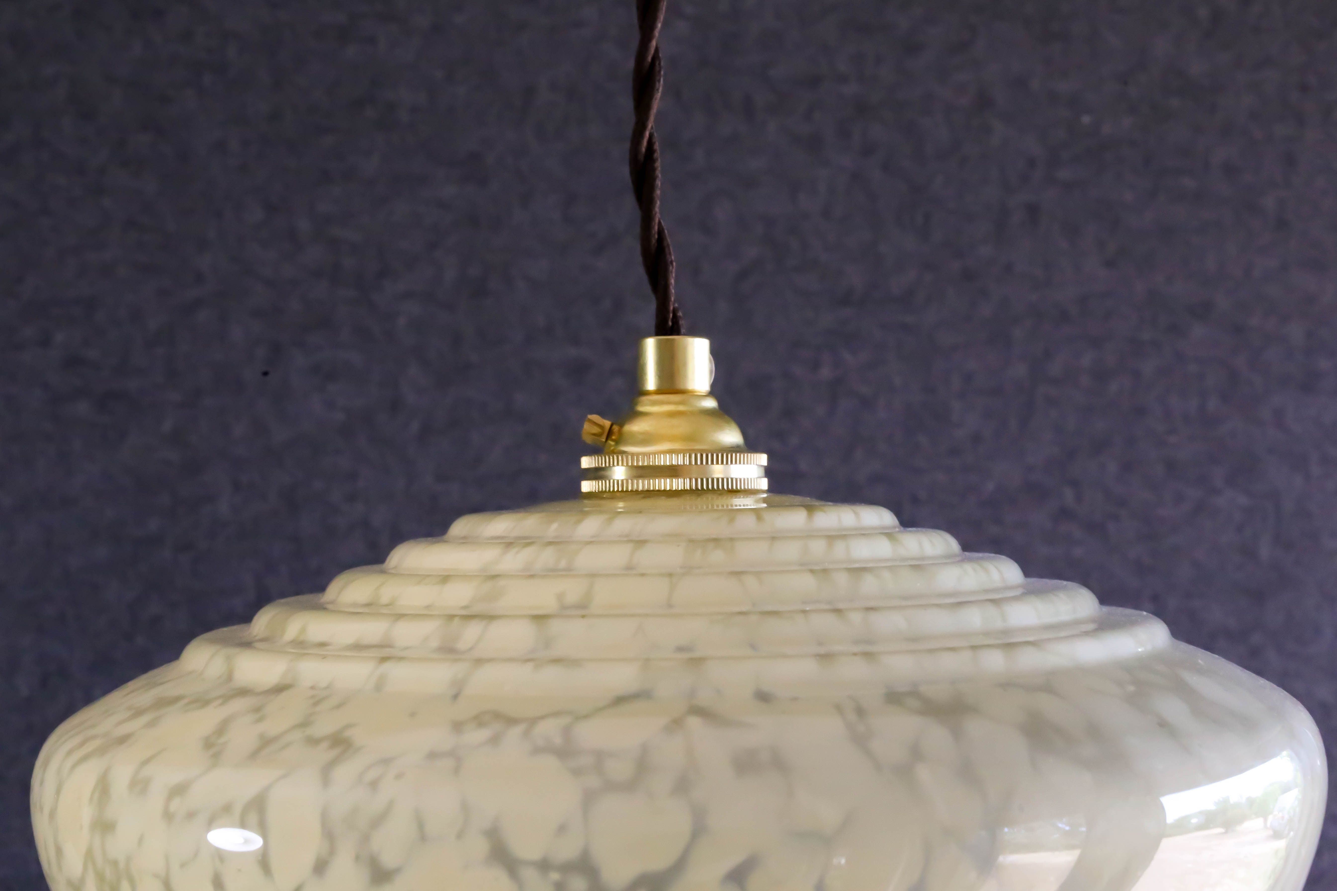 French pendant lamp in pale yellow clichy glass - delivered with new cable and brass socket