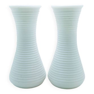 Pair of white ribbed glass vases