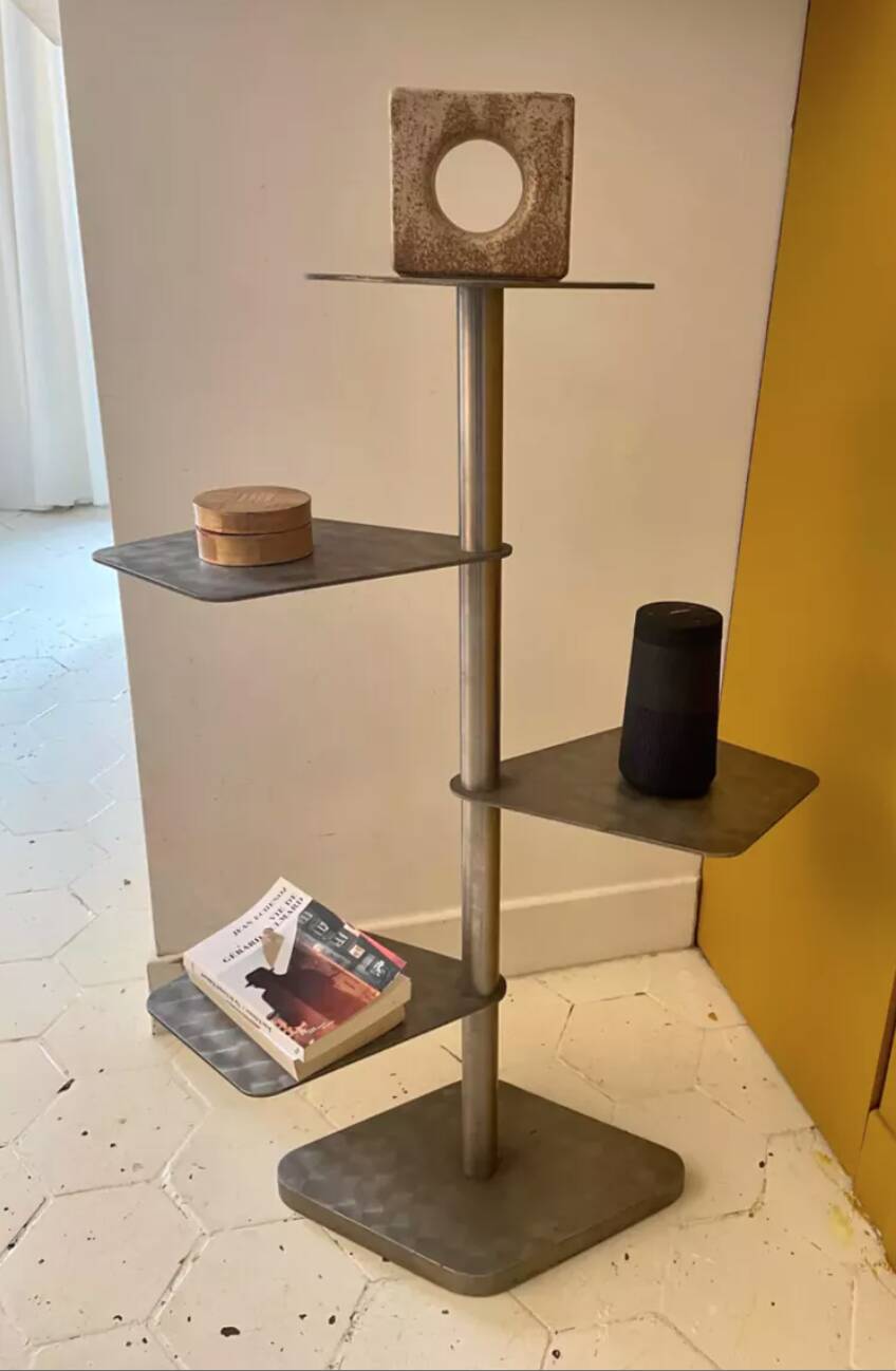 Vintage modernist side table, brushed chrome metal, France 1970