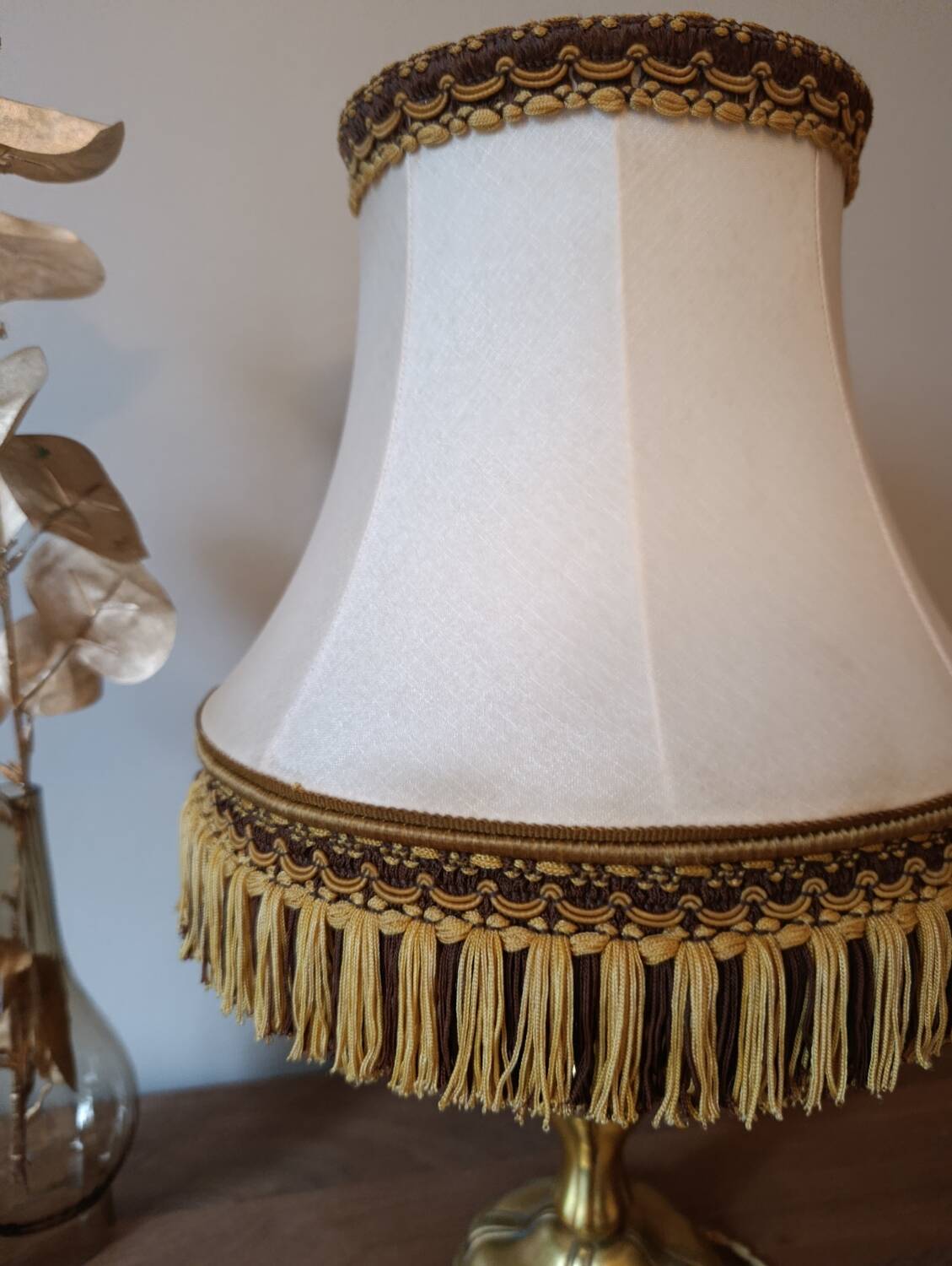 Chic retro lamp with a bronze pagoda fringe shade, 1950.