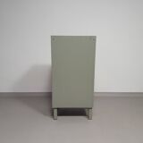 Gray metal locker. Industrial small sideboard.