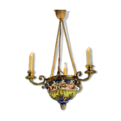 Lustre en porcelaine, trois bras de lumière en bronze et cuivre doré, XlXème siècle
