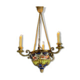 Porcelain lustre, three arms of light in bronze and golden copper, 19th century