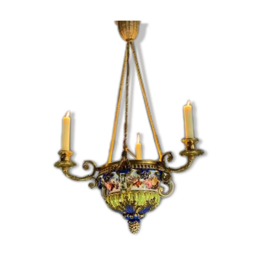 Porcelain lustre, three arms of light in bronze and golden copper, 19th century