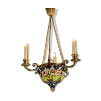 Porcelain lustre, three arms of light in bronze and golden copper, 19th century