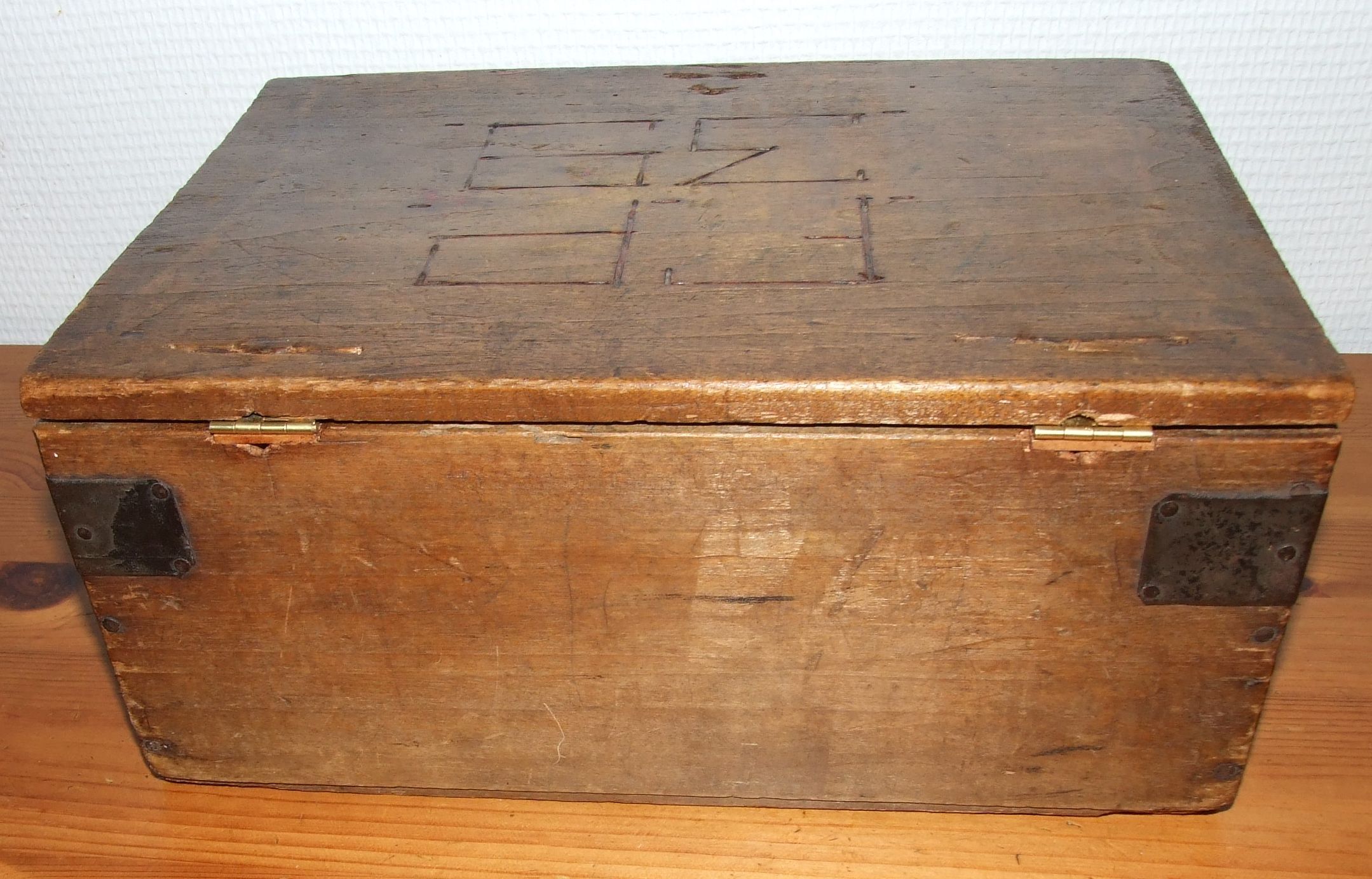 Old box with inscription, fittings, lock and key