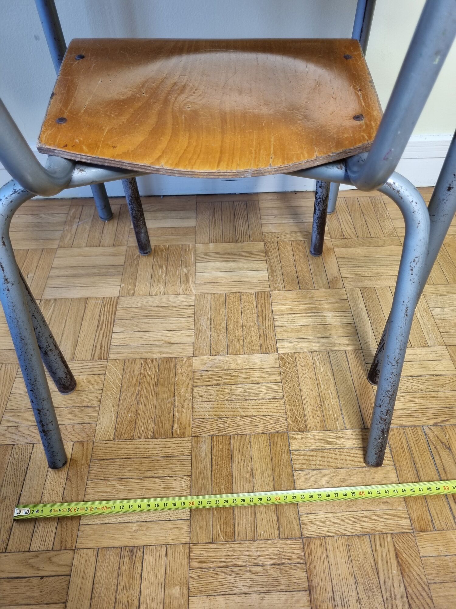 Set chair and school desk in steel, wood and formica, 50s-60s
