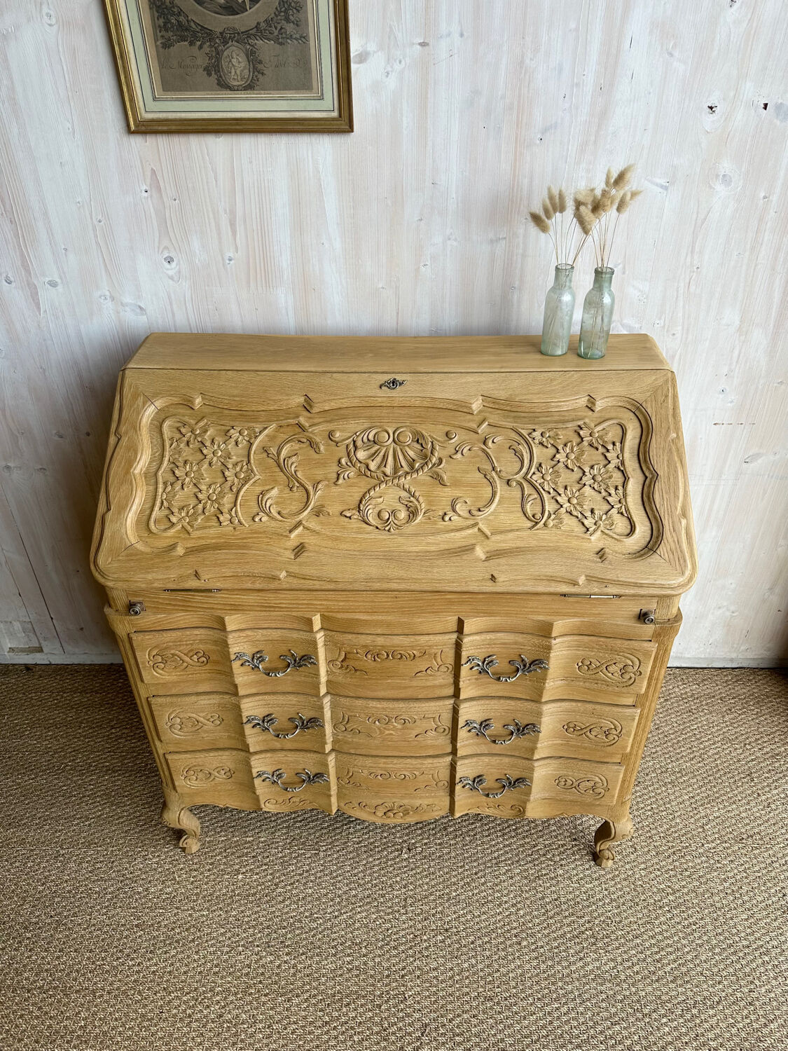 Antique oak secretary – light polished wood – Louis XV style