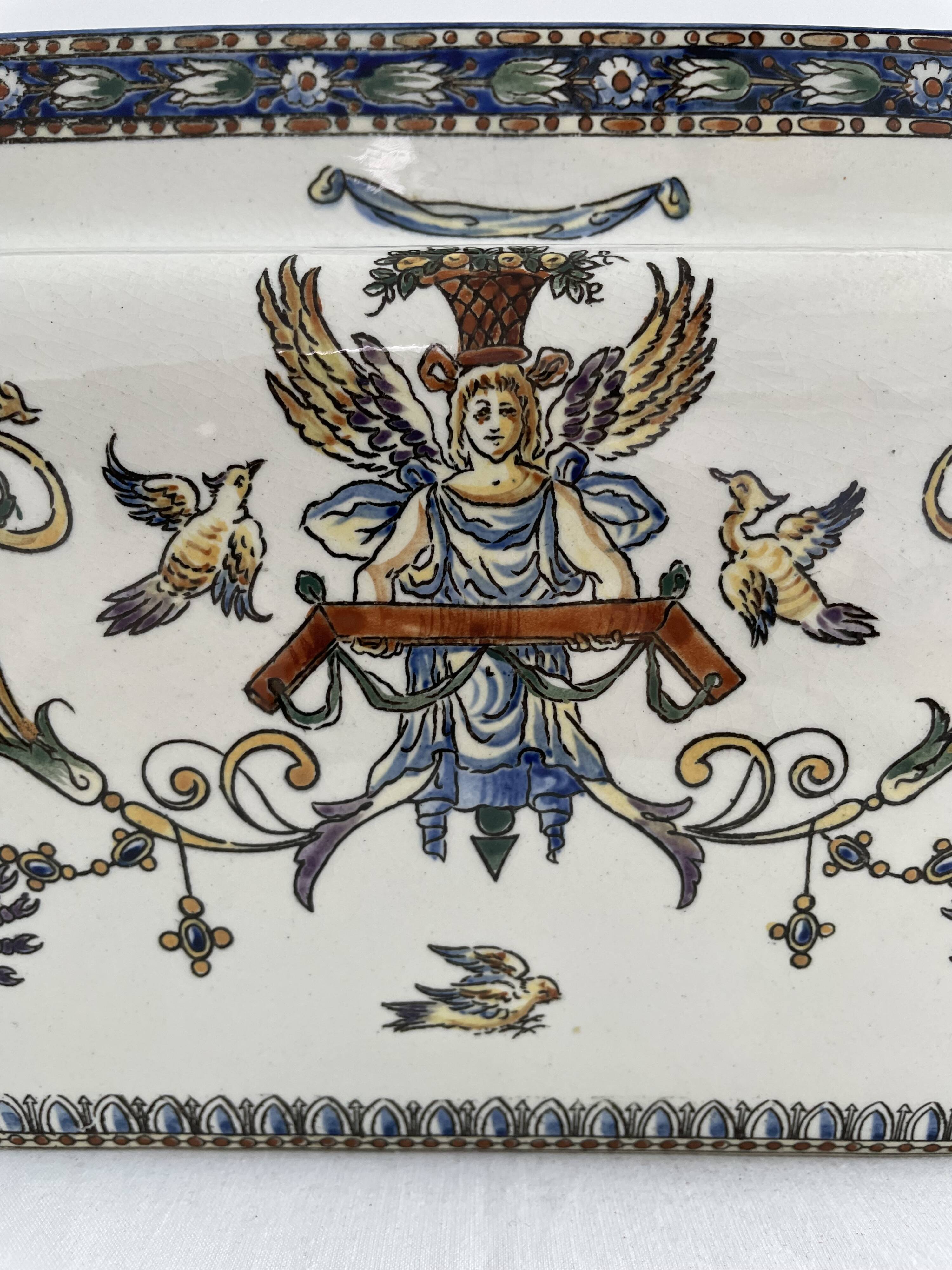 Planter, cache pot, Gien earthenware, rich decoration, Italian Renaissance, winged angel, antique decoration