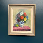 Original Swedish Oil on Canvas – “Asters in a Ceramic Vase” by Eric Lundgren – Signed – Vintage and Framed – 60 × 54 cm (23.6" × 21.3")